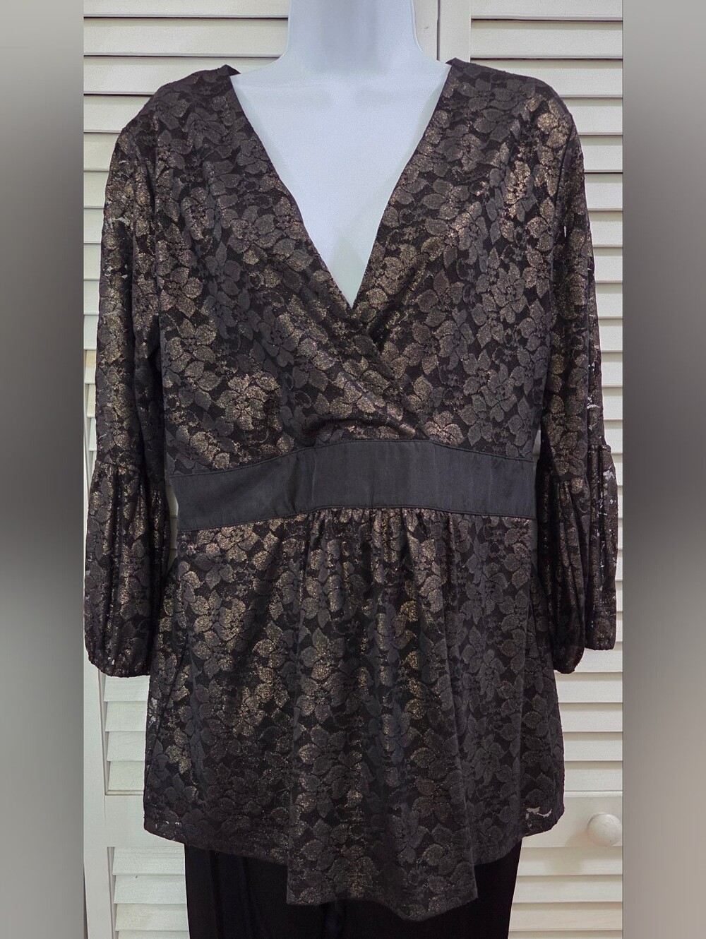 Nine West Black Top with Bronze Metallic Floral Lace